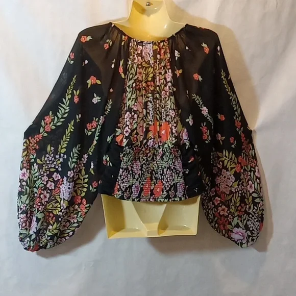 Free People Womens Small Top Final Rose Black Floral Blouse Sheer Balloon Sleeve - Picture 6 of 10